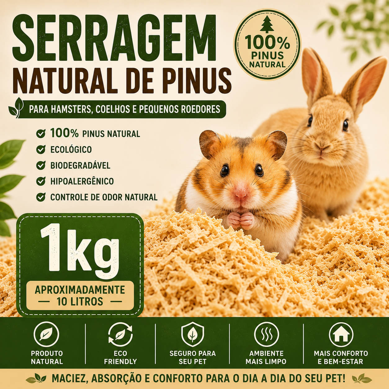 Serragem Pinus Natural 1kg Para Roedores Hipoalergênica Ecológica