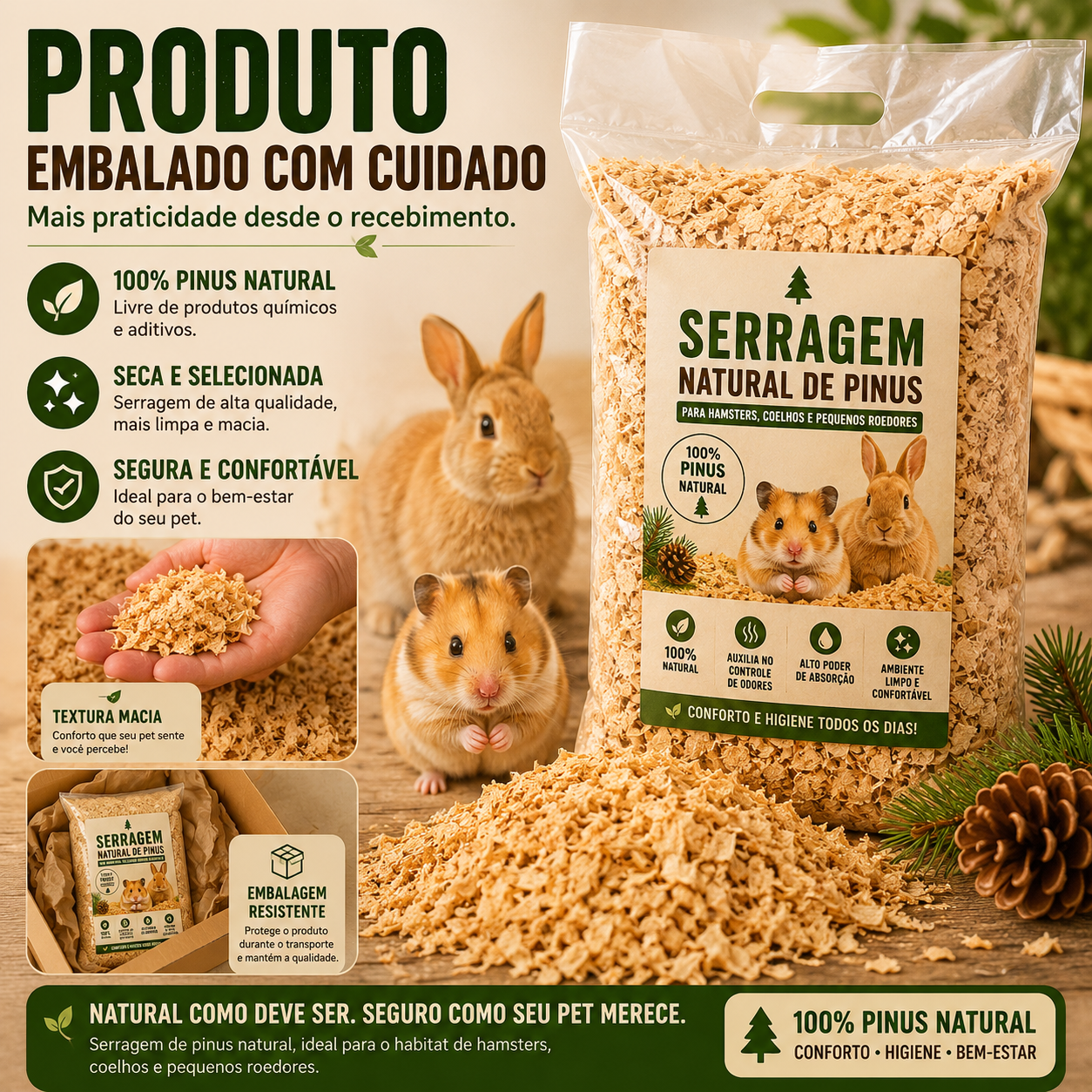 Serragem Pinus Natural 1kg Para Roedores Hipoalergênica Ecológica - foto 4