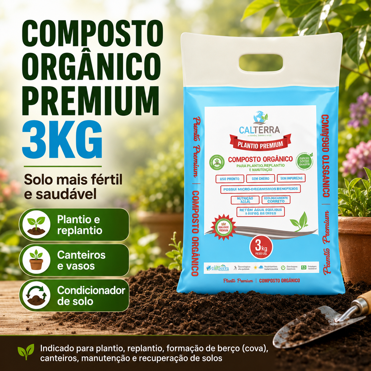 Composto Orgânico Premium Calterra 3kg Terra Adubada Para Plantas