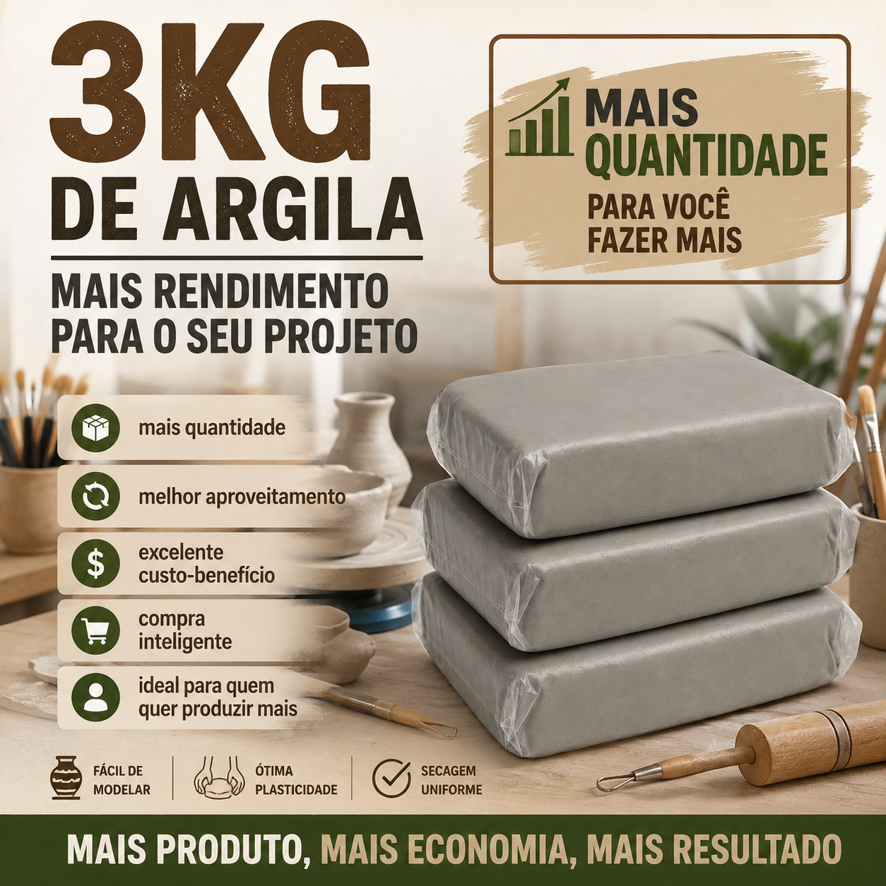 Argila De Modelar Premium Modelagem Artesanato Escolar Natural 3kg
