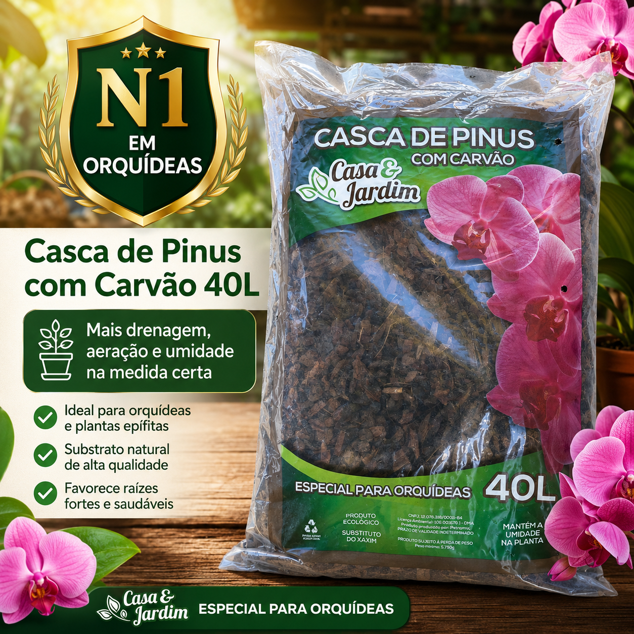 Casca De Pinus Premium Com Carvão Substrato Para Orquídeas 40 Litros / 6 Kg